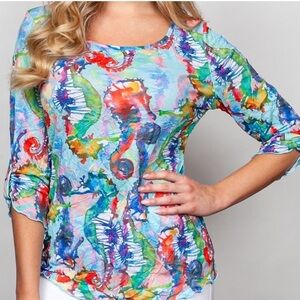 SnoSkins Crinkle Ballet Sleeve w/ Tab Seahorses Top Blouse